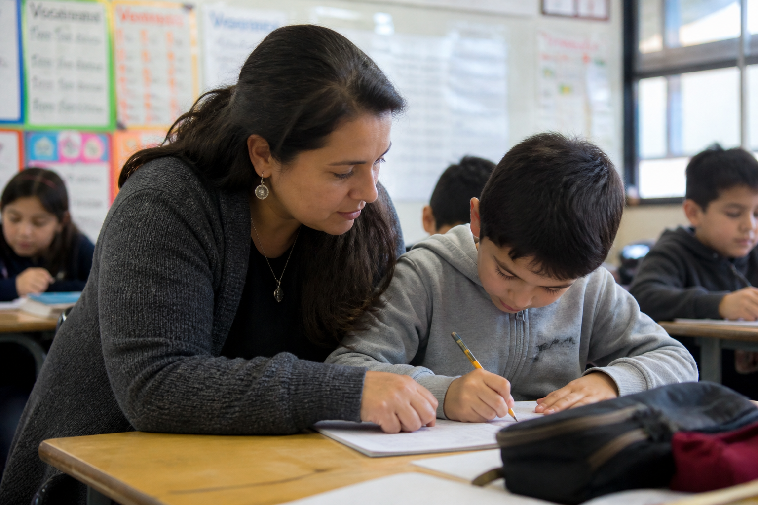 imagen de profesora ayudando a alumno en su pupitre