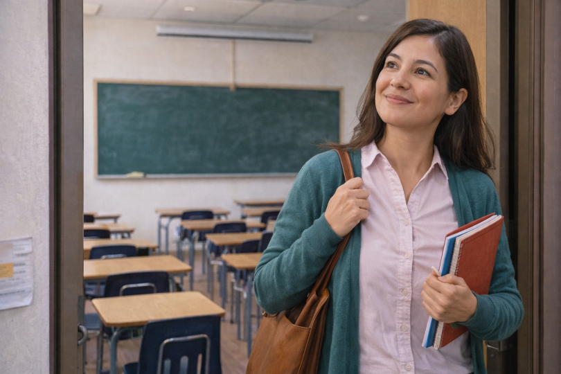Profesora saliendo de una sala de clases con expresión reflexiva.