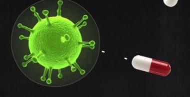 Gráfica de imagen de una bacteria y una cápsula de medicamento
