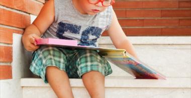 La imagen muestra a un niño observando un libro 