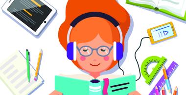 La imagen muestra un dibujo de una niña leyendo con diferentes útiles escolares alrededor