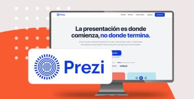 Logotipo de herramienta digital Prezi y pantallazo de su sitio web